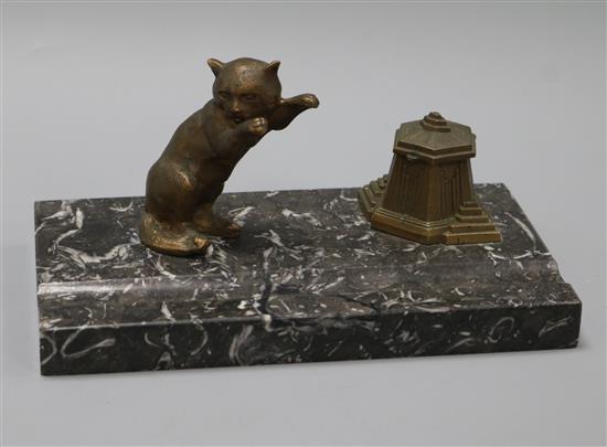 An Art Deco cat inkwell, on marble stand length 21cm